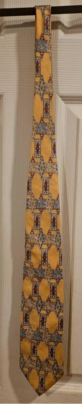 Vintage Bill Blass Men's Silk Necktie Gold Blue Burgundy Geometric Designer Tie